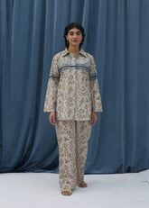 LaRosa Summer Dreams Edeline neutral-toned cotton nightwear for women, styled as a printed co-ord with classic button-down shirt and soft trousers.
front view